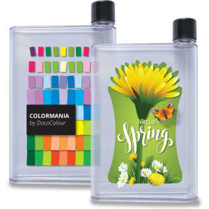 A drink bottle with a clear body, black lid, and colourful spring-themed designs on both sides.