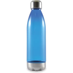 A drink bottle with a sleek, transparent blue body and a metallic silver base and cap.