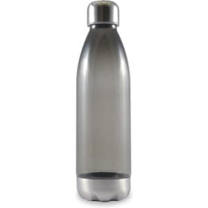 A drink bottle made of transparent material with a sleek design and a metallic base.
