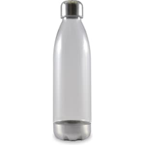 A drink bottle with a transparent body and a metallic base and cap.