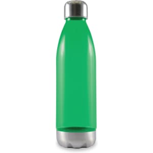 A drink bottle featuring a vibrant green body and a metallic silver base and cap.