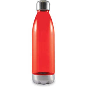 A drink bottle with a sleek, red design and a silver screw-on cap. The base features a textured grip.