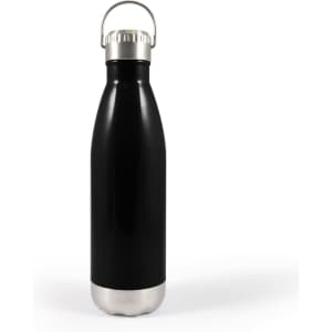 A drink bottle with a sleek black exterior, stainless steel bottom, and a metal hanger lid.