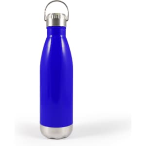 A drink bottle in a vibrant blue color with a stainless steel bottom and a metal hanger lid.