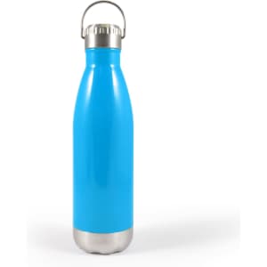 A drink bottle in a sleek blue design with a stainless steel base and a metal hanger lid.