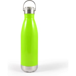 A drink bottle in a vibrant green color features a stainless steel bottom and a metal hanger lid.