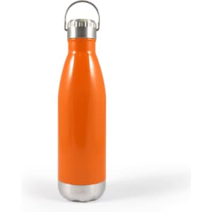 A drink bottle featuring an orange body and a stainless steel base, equipped with a hanger lid for easy carrying.