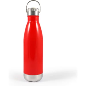 A drink bottle featuring a sleek red design with a stainless steel bottom and a hanger lid for easy carrying.
