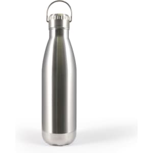 A drink bottle with a sleek stainless steel design and a hanger lid for easy carrying.