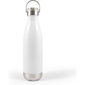 A drink bottle in white with a stainless steel base and a hanger lid, featuring a logo on the body.