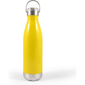 A drink bottle in a bright yellow color with a silver base and a hanger lid.