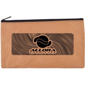 A tan kraft pouch with a zip closure and a black logo design on the front.