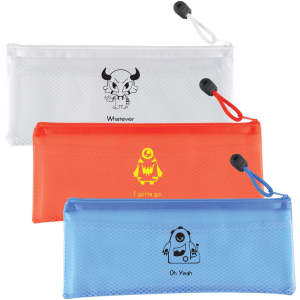 Three pencil cases in white, orange, and blue, each featuring a unique design and a branding logo.