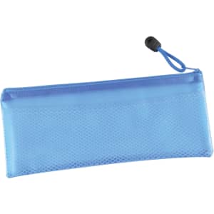 A pencil case in a vibrant blue color featuring a textured design and a zip closure with a drawstring.