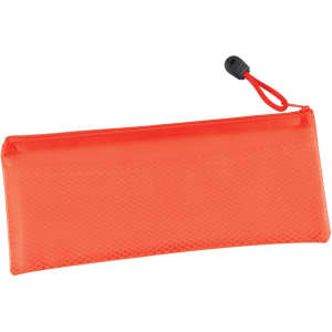 A bright orange pencil case with a textured surface and a black cord zipper pull.