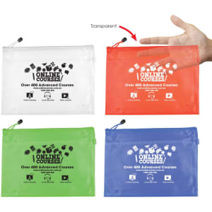 A set of transparent PVC pouches in red, green, and white, each featuring a zip closure and a logo.