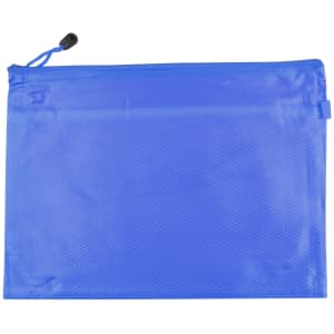 A blue PVC pouch with a drawstring closure and a mesh texture, featuring a branding logo.