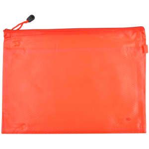 An orange PVC pouch with a zip closure and a drawstring, featuring a textured surface and a branding logo.