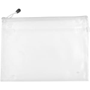A transparent PVC pouch with a zippered closure, suitable for storing various items.