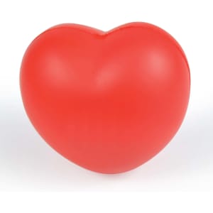 A red heart-shaped stress reliever with a smooth, matte finish. The item features a logo.