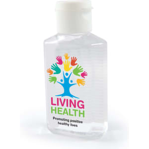 A bottle of Splash Gel Hand Sanitiser with a colorful logo featuring a tree and hands, promoting positive healthy lives.