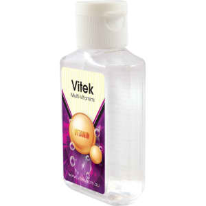 A clear bottle of hand sanitiser with a white cap. The label features vibrant colors and a logo.