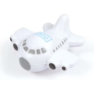 A white aeroplane stress reliever with black details and a logo on top.