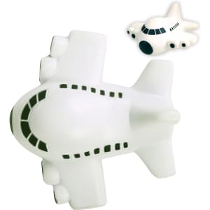 A white airplane-shaped stress reliever with a smooth texture and subtle details, featuring a small plane above.