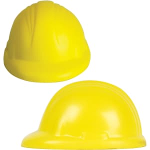 A yellow hard hat stress reliever with a smooth surface and slight detailing, featuring a logo.