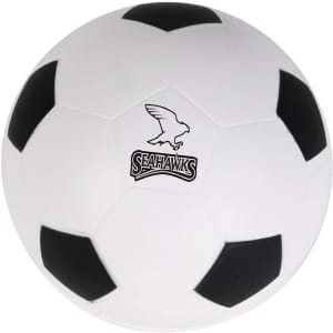 A white and black soccer ball stress reliever featuring a logo. Ideal for fun and games.