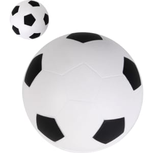 A stress ball shaped like a classic black and white soccer ball, featuring a logo.