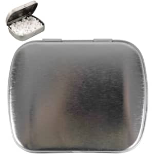 A silver tin containing sugar-free breath mints with a smooth, metallic finish and white mints inside.