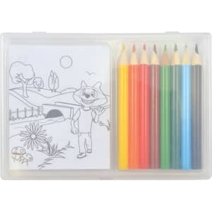 A drawing set with a clear case containing colored pencils in various hues and a coloring sheet featuring a cartoon character.