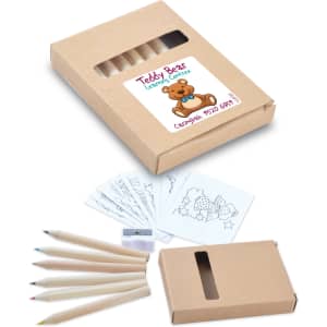 A pencil set featuring five coloured pencils in various hues, a sharpener, and drawing paper in a cardboard box with a logo.