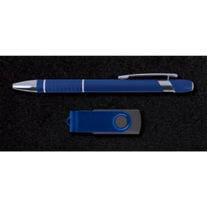 A blue pen and a black USB flash drive are displayed together in a sleek black presentation box.