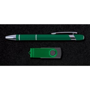 A green pen and a green USB flash drive are displayed in a gift set.