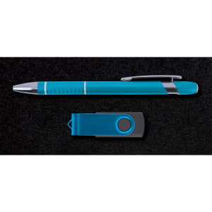 A turquoise pen and a matching USB flash drive, presented in a black gift box with a logo.