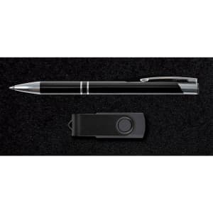 A pen and a minimalist flashlight are featured in the Bellman Gift Set, presented on a textured black background.