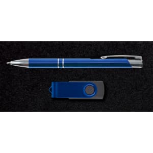 A blue pen and a blue USB drive are placed in a black gift box. The set features a sleek design.