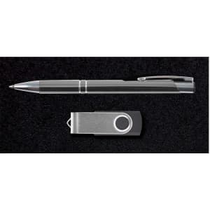 A silver pen and a metallic USB drive presented on a black background, part of the Bellman Gift Set.