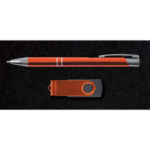 A gift set featuring a sleek pen and a modern USB flash drive, both displayed in a dark presentation box.