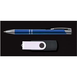 A pen and a flash drive are displayed together against a black background, showcasing the Cove Gift Set.