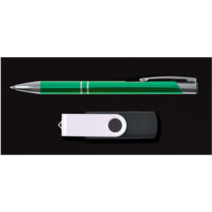 A green pen and a black and white flash drive from the Cove Gift Set.
