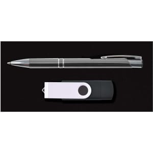 A pen and a USB flash drive arranged on a black background, part of the Cove Gift Set.