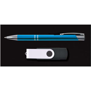 A blue and silver pen alongside a black and white flash drive, placed on a dark background.