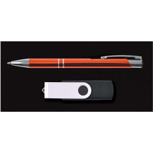 A black and white flash drive alongside an orange pen, both displayed on a black background.