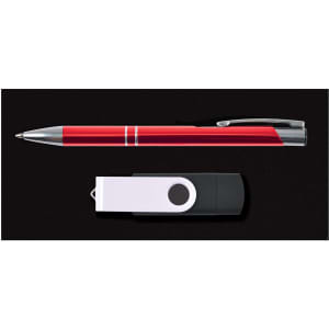 A red pen and a black and white flash drive on a black background, featuring branding on the products.