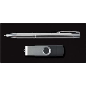 A silver pen and a gray flash drive on a black background, featuring a logo on the flash drive.