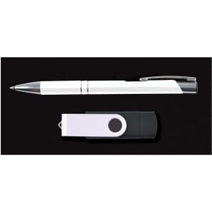 A pen and a flash drive are featured in the Cove Gift Set, showcasing sleek black and white designs.