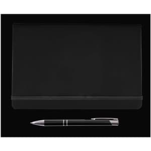 A black notebook with a sleek cover and an elastic band, accompanied by a silver and black pen.